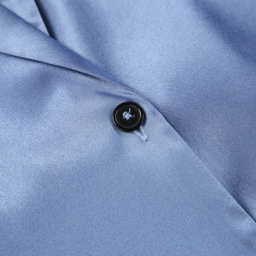 Blue Satin Pajama Set with Feather Trim | Cosielle