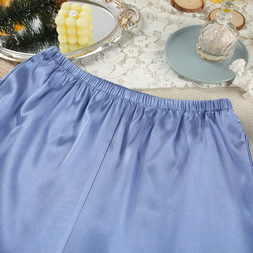 Blue Satin Pajama Set with Feather Trim | Cosielle