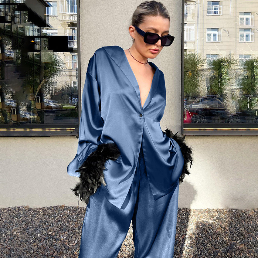 Blue Satin Pajama Set with Feather Trim | Cosielle