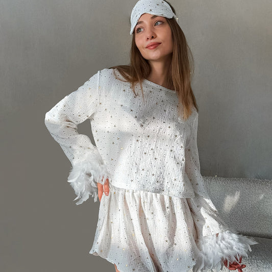 Pure Cotton Feather Sleeve Pajama Set | Cosi Elle