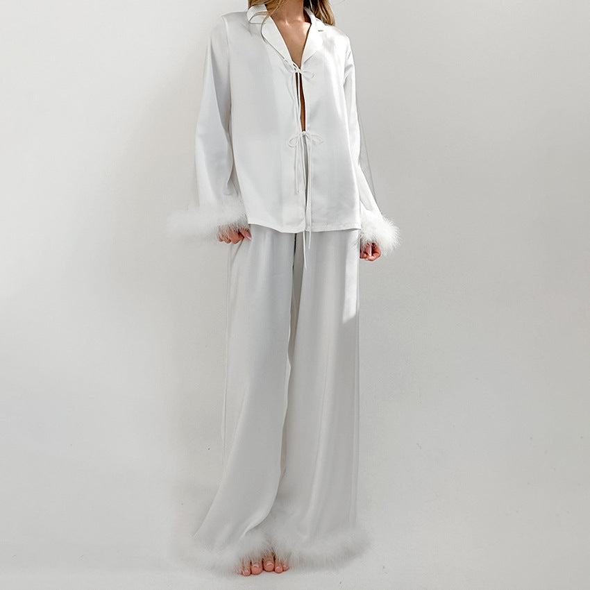 Luxury Feather Satin Pajama Set | White Glam Loungewear