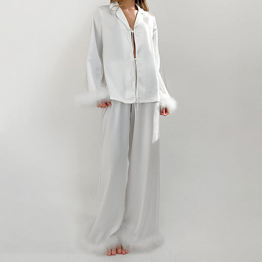 Luxury Feather Satin Pajama Set | White Glam Loungewear