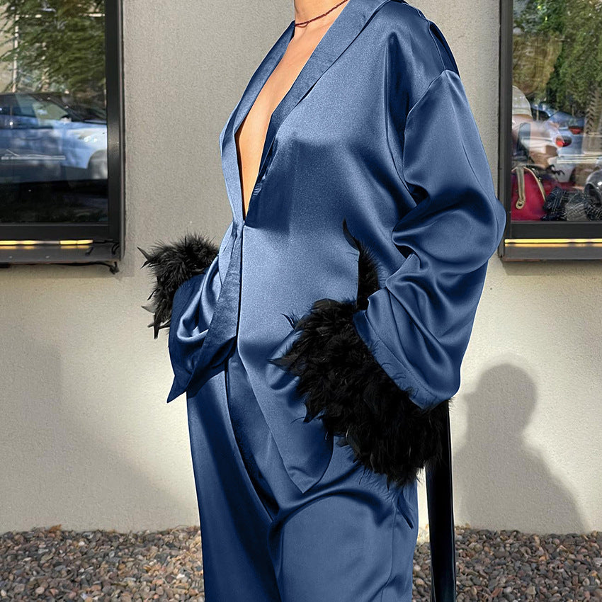 Blue Satin Pajama Set with Feather Trim | Cosielle