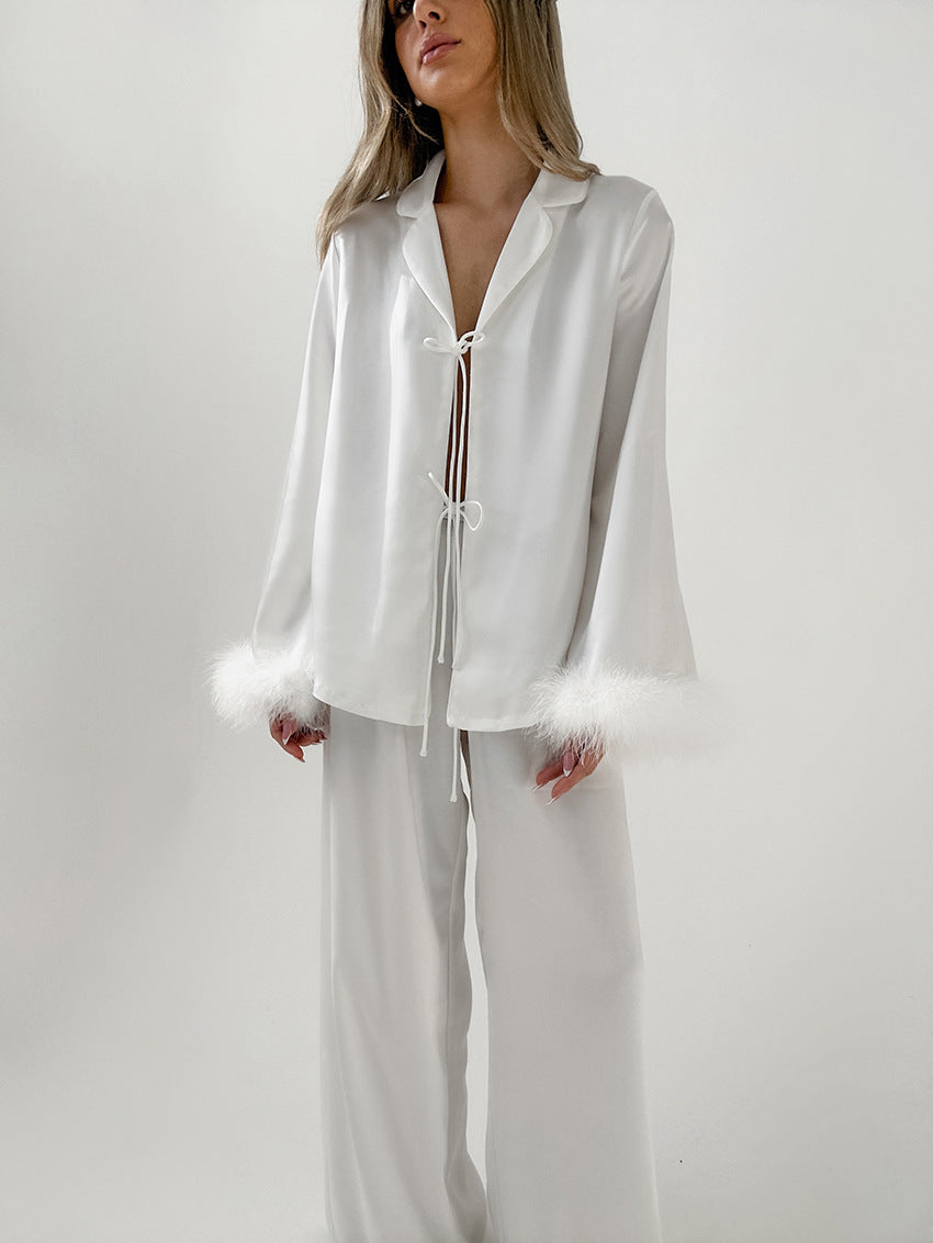 Luxury Feather Satin Pajama Set | White Glam Loungewear