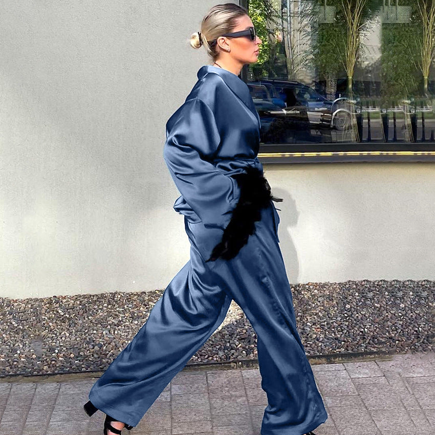 Blue Satin Pajama Set with Feather Trim | Cosielle