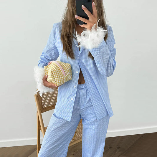 Elegant Feather Cuff Pajama Set for Women | Cosielle