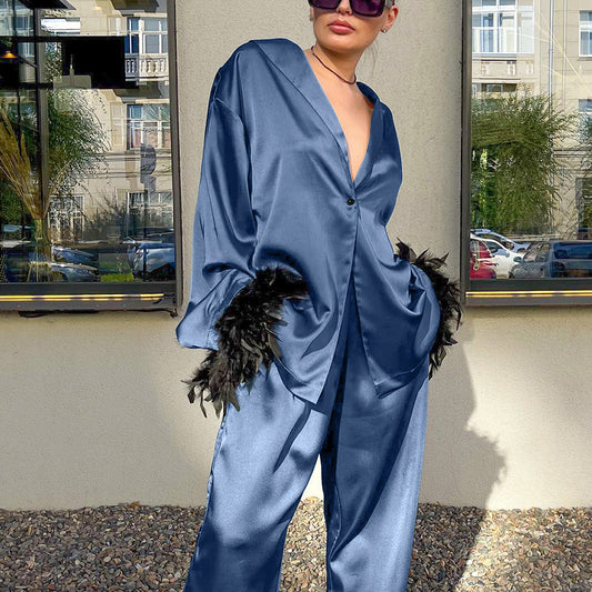 Blue Satin Pajama Set with Feather Trim | Cosielle