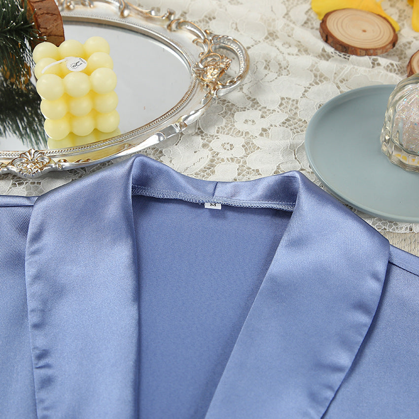 Blue Satin Pajama Set with Feather Trim | Cosielle