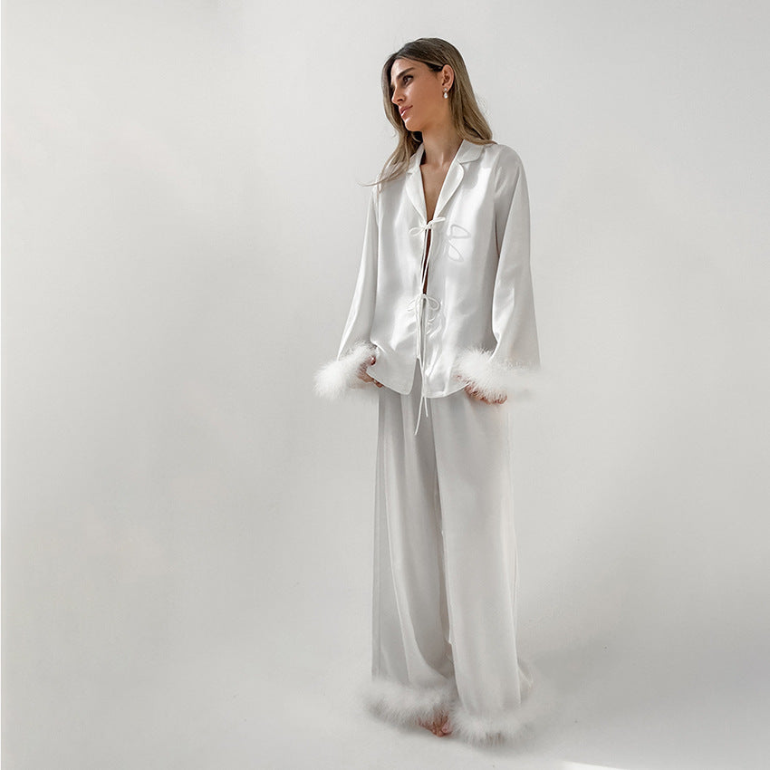 Luxury Feather Satin Pajama Set | White Glam Loungewear