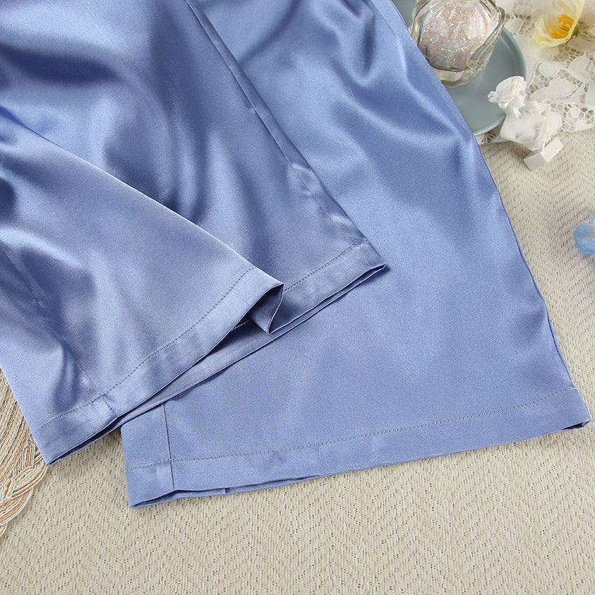 Blue Satin Pajama Set with Feather Trim | Cosielle