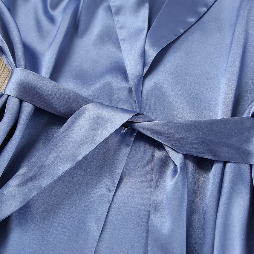 Blue Satin Pajama Set with Feather Trim | Cosielle