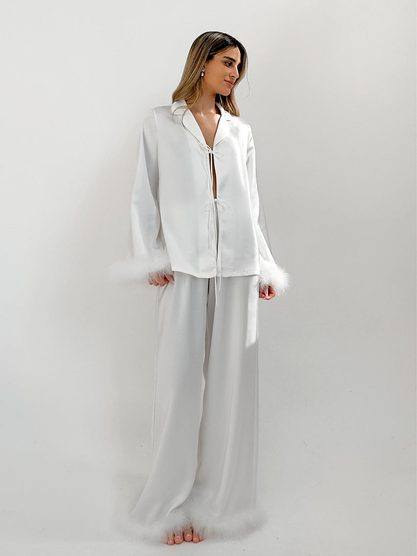 Luxury Feather Satin Pajama Set | White Glam Loungewear