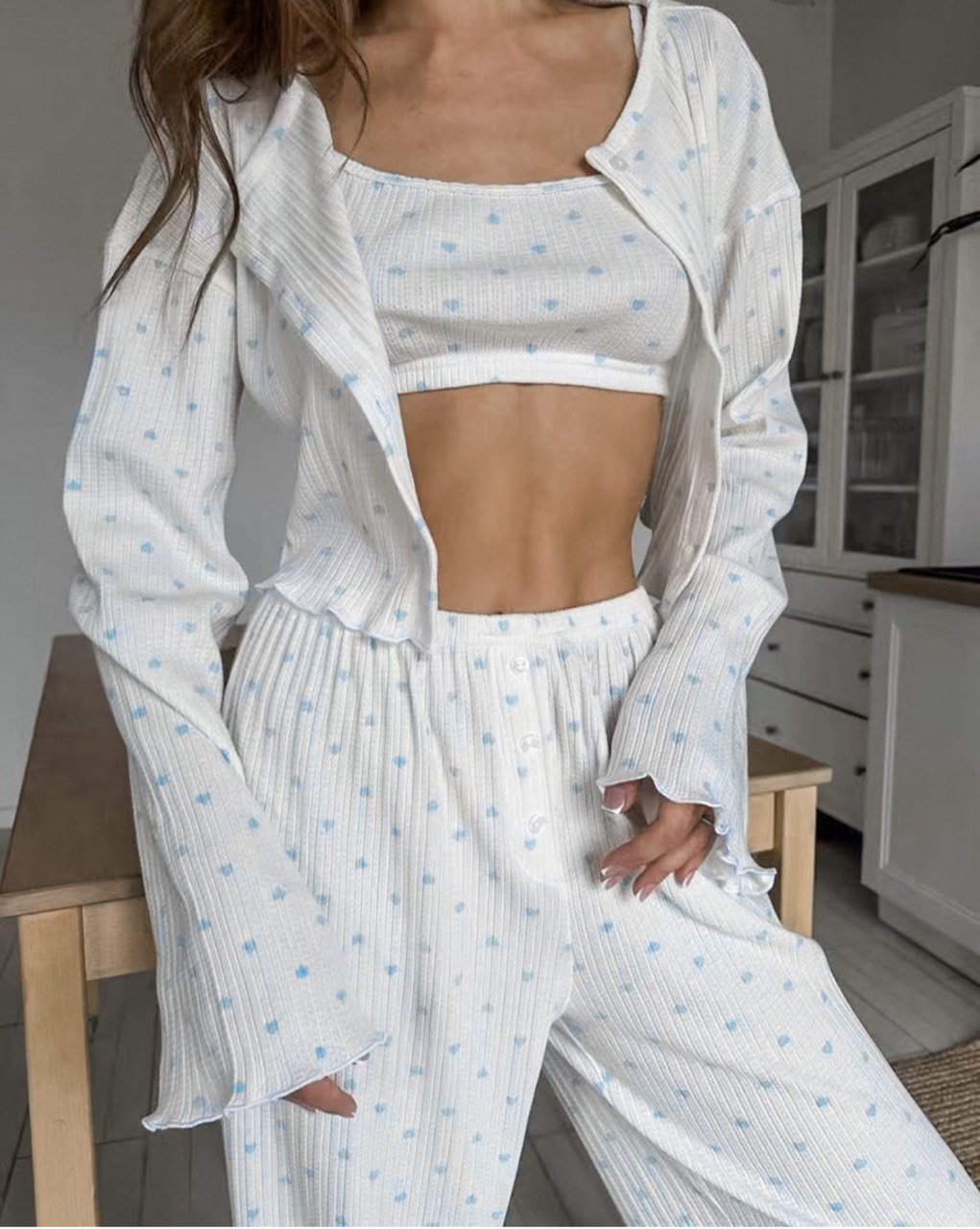 White Pajamas Set with Pink Hearts | Cozy & Cute